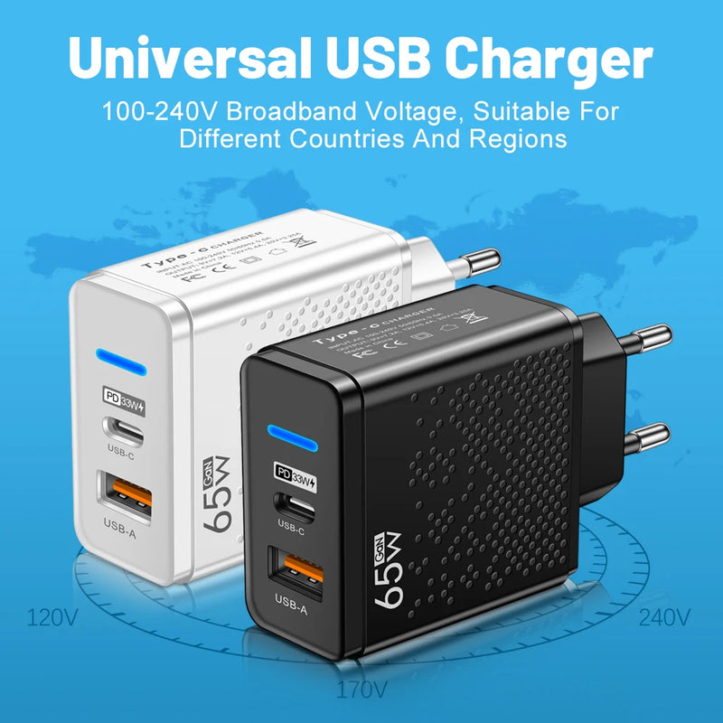 2 Ports USB+PD Type-C Charger Adapter 65W Mobile Phone Charger For Samsung iPhone 13 12 Huawei Xiaomi Wall Charging LED Light