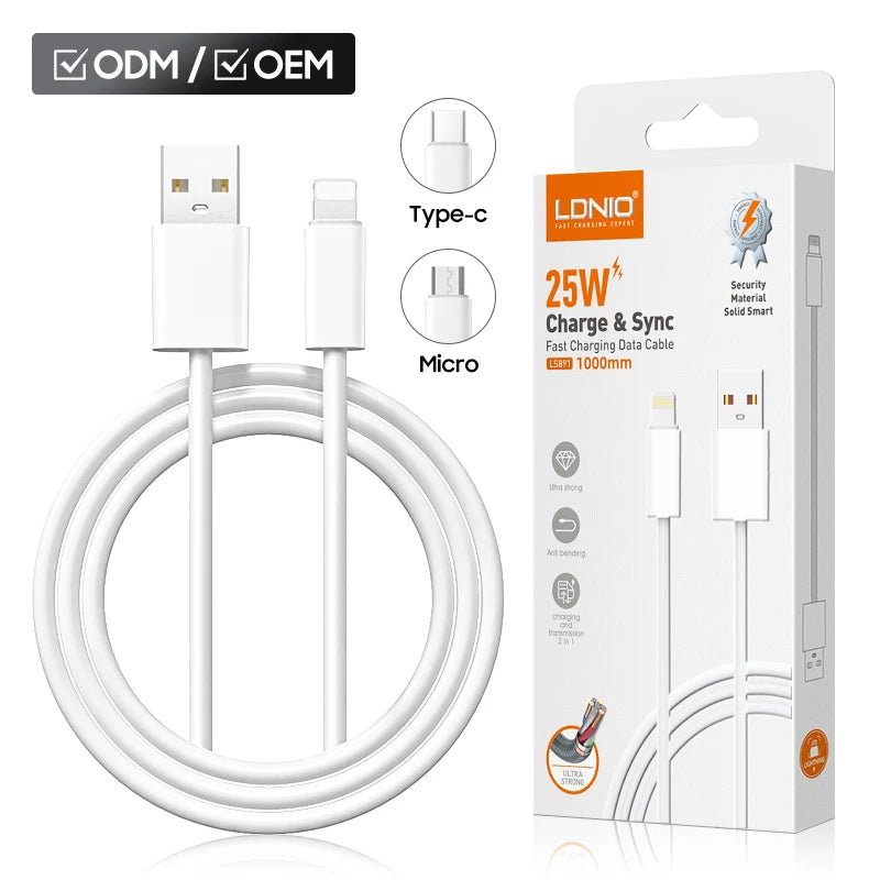 LDNIO LS891 25W PVC Rápido USB Cabo de Dados Celular Micro Tipo C Plug Quick Charge 1m/2m Adaptador Conector Flex Cable Linha
